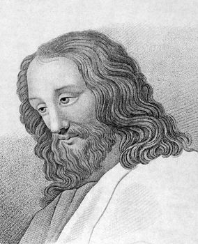 Jesus Christ on engraving from 1859. Engraved by unknown artist and published in Meyers Konversations-Lexikon, Germany,1859.
