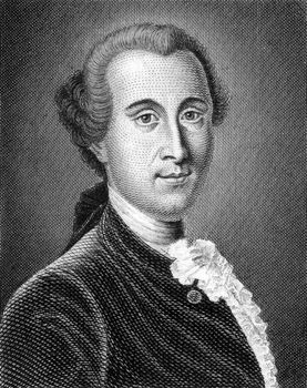 Johann Georg Ritter von Zimmermann (1728-1795) on engraving from 1859. Swiss philosophical writer, naturalist and physician. Engraved by unknown artist and published in Meyers Konversations-Lexikon, Germany,1859.