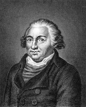 Johann Jacob Engel (1741-1802) on engraving from 1859. German writer and philosopher. Engraved by unknown artist and published in Meyers Konversations-Lexikon, Germany,1859.