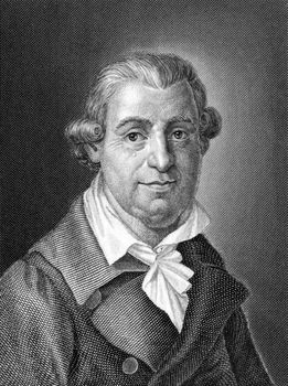 Johann Karl August Musaus (1735-1787) on engraving from 1859. German author. Engraved by unknown artist and published in Meyers Konversations-Lexikon, Germany,1859.