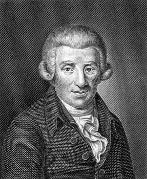 Johann Wilhelm Ludwig Gleim (1719-1803) on engraving from 1859. German poet. Engraved by unknown artist and published in Meyers Konversations-Lexikon, Germany,1859.