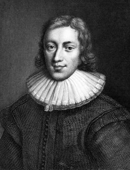 John Milton (1608-1674) on engraving from 1859. English poet, polemicist, a scholarly man of letters, and a civil servant. Engraved by C.Mayer and published in Meyers Konversations-Lexikon, Germany,1859.