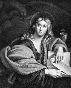 John the Evangelist (1-100) on engraving from 1859. Engraved by unknown artist and published in Meyers Konversations-Lexikon, Germany,1859.