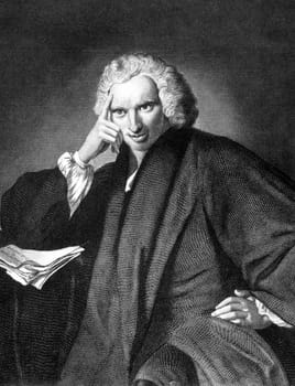 Laurence Sterne (1713-1768) on engraving from 1859. Anglo-Irish novelist and an Anglican clergyman. Engraved by unknown artist and published in Meyers Konversations-Lexikon, Germany,1859.
