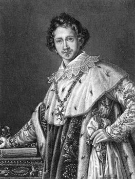 Ludwig I of Bavaria (1786-1868) on engraving from 1859. German king of Bavaria during1825-1848. Engraved by C.Barth and published in Meyers Konversations-Lexikon, Germany,1859.