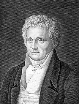 Ludwig Tieck (1773-1853) on engraving from 1859.  German poet, translator, editor, novelist, writer of Novellen and critic, Engraved by unknown artist and published in Meyers Konversations-Lexikon, Germany,1859.