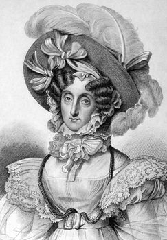 Maria Amalia of Naples and Sicily (1782-1866) on engraving from 1859. Queen of the French during1830–1848. Engraved by Nordheim and published in Meyers Konversations-Lexikon, Germany,1859.