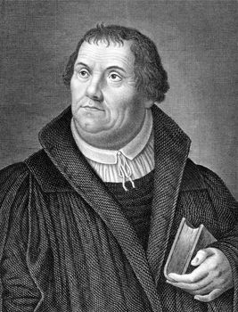 Martin Luther (1483-1546) on engraving from 1859. German monk, priest, professor of theology and iconic figure of the Protestant Reformation. Engraved by Nordheim and published in Meyers Konversations-Lexikon, Germany,1859.
