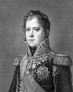 Michel Ney (1769-1815) on engraving from 1859. French soldier and military commander during the French Revolutionary Wars and the Napoleonic Wars. Engraved by unknown artist and published in Meyers Konversations-Lexikon, Germany,1859.