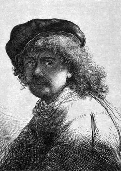 Rembrandt (1606-1669) on engraving from 1859. Dutch painter and etcher. Engraved by unknown artist and published in Meyers Konversations-Lexikon, Germany,1859.
