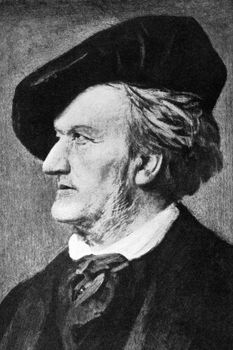 Richard Wagner (1813-1883) on engraving from 1908. German composer, conductor, theatre director and polemicist best known for his operas. Engraved by unknown artist and published in "The world's best music, famous songs. Volume 8", by The University Society, New York,1908.