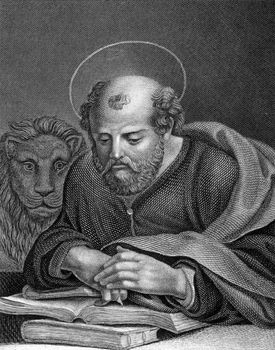 Saint Marcus on engraving from 1859. Engraved by L.Hoffmann and published in Meyers Konversations-Lexikon, Germany,1859.