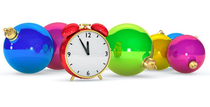 Red clock with christmas balls, Festive background