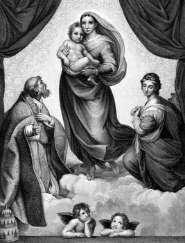 Sistine Madonna on engraving from 1859  after an oil painting by Raphael. Engraved by C.Deucker and published in Meyers Konversations-Lexikon, Germany,1859.