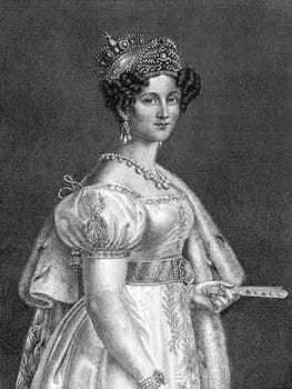 Therese of Saxe-Hildburghausen (1792-1854) on engraving from 1859. Queen of Bavaria. Engraved by G.Barth and published in Meyers Konversations-Lexikon, Germany,1859.