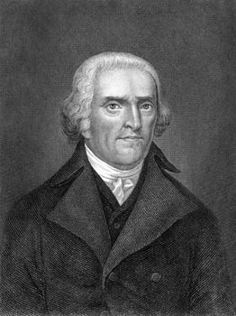 Thomas Jefferson (1743-1826) on engraving from 1859. American Founding Father, the principal author of the Declaration of Independence and third President during 1801–1809. Engraved by C.Mayer and published in Meyers Konversations-Lexikon, Germany,1859.