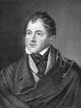 Thomas Moore (1779-1852) on engraving from 1859.  Irish poet, singer, songwriter and entertainer. Engraved by unknown artist and published in Meyers Konversations-Lexikon, Germany,1859.