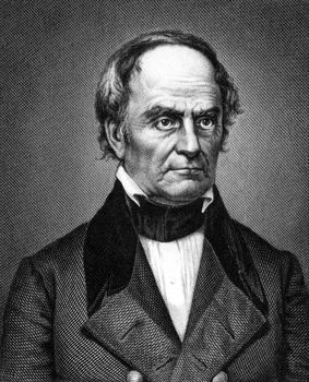 Daniel Webster (1782-1852) on engraving from 1859. Leading American statesman and senator. Engraved by unknown artist and published in Meyers Konversations-Lexikon, Germany,1859.