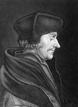 Desiderius Erasmus (1466-1536) on engraving from 1859. Dutch Renaissance humanist, Catholic priest, social critic, teacher and theologian. Engraved by C.Barth and published in Meyers Konversations-Lexikon, Germany,1859.