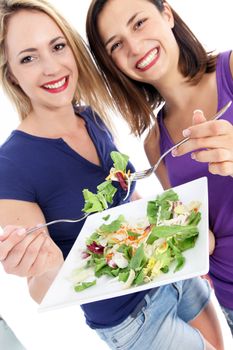 Two attractive happy casual young health conscious friends enjoying a green salad eating off a shared plate Two attractive happy casual young health conscious friends enjoying a green salad eating off a shared plate 