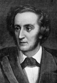 Felix Mendelssohn (1809-1847) on engraving from 1908. German composer, pianist, organist and conductor of the early Romantic period. Engraved by unknown artist and published in "The world's best music, famous songs. Volume 6", by The University Society, New York,1908.