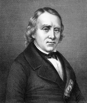 Francois Vincent Raspail (1794-1878) on engraving from 1859. French chemist, naturalist, physiologist & socialist politician. Engraved by unknown artist and published in Meyers Konversations-Lexikon, Germany, 1859.