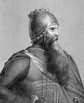 Frederick I Barbarossa (1122-1190) on engraving from 1859. German Holy Roman Emperor. Engraved by C.Deucker and published in Meyers Konversations-Lexikon, Germany,1859.