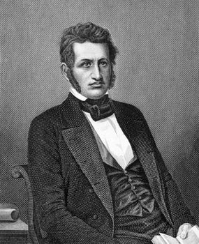 Friedrich Christoph Dahlmann (1785-1860) on engraving from 1859. German historian and politician. Engraved by Wolf and published in Meyers Konversations-Lexikon, Germany,1859.