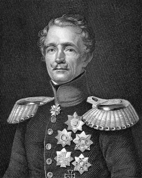 Friedrich Graf von Wrangel (1784-1877) on engraving from 1859. General feld marschall of the Prussian Army. Engraved by A.Weger and published in Meyers Konversations-Lexikon, Germany,1859.