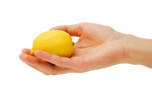 man's hand holding a lemon isolated on a white background