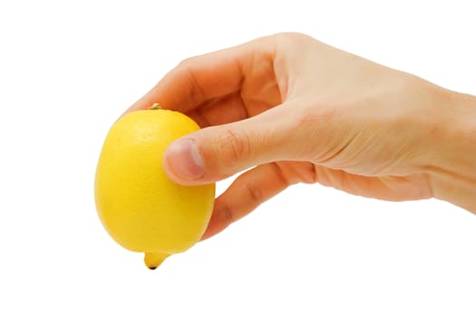 man's hand holding a lemon isolated on a white background