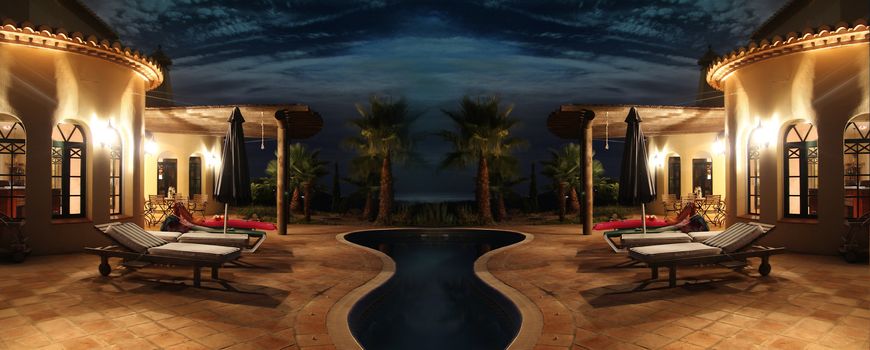 south sea facade with nice lights, palms and pool