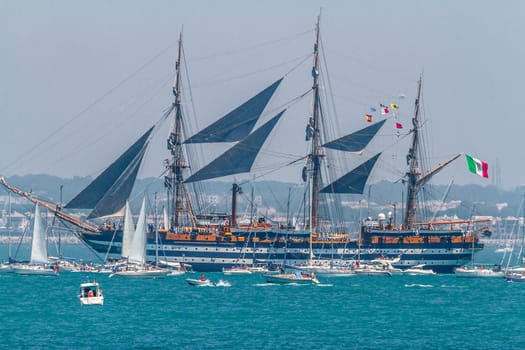 CADIZ, SPAIN - JUL 29: Italian Navy Ship, Amerigo Vespucci setting sail on the Tall ship races 2012 on July 29 , 2012, in Cadiz , Spain