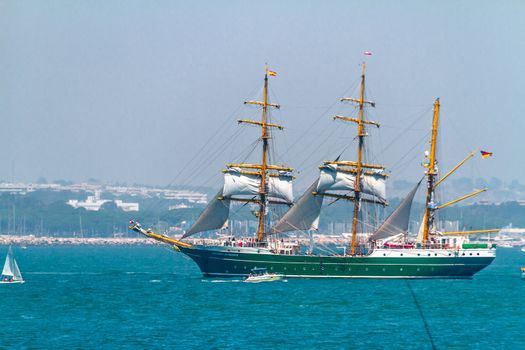 CADIZ, SPAIN - JUL 29: German  Navy Ship, Alexander Von Humboldt II setting sail on the Tall ship races 2012 on July 29 , 2012, in Cadiz , Spain