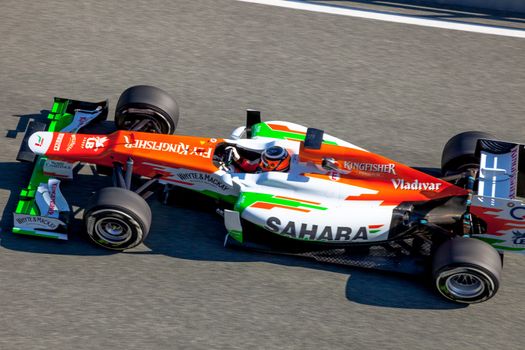 JEREZ DE LA FRONTERA, SPAIN - FEB 10: Nico Hülkenberg of Force India F1 entering to the pit on training session on February 10 , 2012, in Jerez de la Frontera , Spain