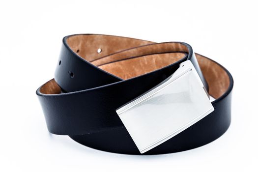 Leather black belt for men on a white background