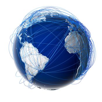 Earth with relief stylized continents surrounded by a wired network, symbolizing the world aviation traffic, which is based on real data on the carriage of passengers and flight directions. Isolated on white