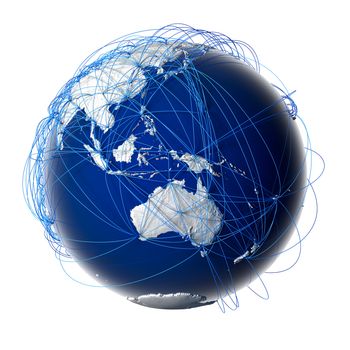 Earth with relief stylized continents surrounded by a wired network, symbolizing the world aviation traffic, which is based on real data on the carriage of passengers and flight directions. Isolated on white