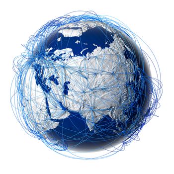 Earth with relief stylized continents surrounded by a wired network, symbolizing the world aviation traffic, which is based on real data on the carriage of passengers and flight directions. Isolated on white