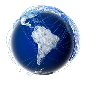 Earth with relief stylized continents surrounded by a wired network, symbolizing the world aviation traffic, which is based on real data on the carriage of passengers and flight directions. Isolated on white