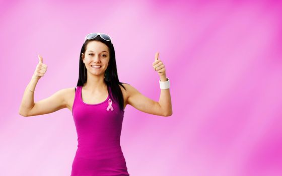 Young woman cancer survivor on soft light or airy pink abstract background, perfect for awareness campaign
