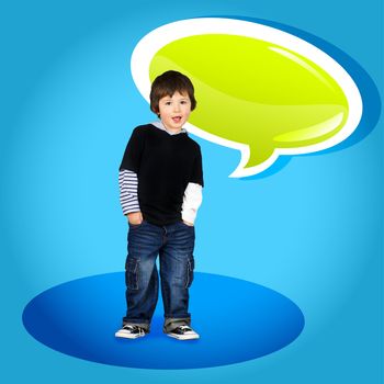 Cute little boy speaking with a green glossy speech bubble with spotlight and shadow over blue background, ready for text advertisement.