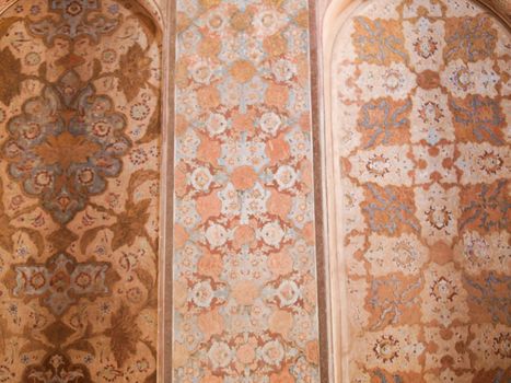 Closeup of fresco Interior of historical building, Ali Qapu in Isfahan, Iran