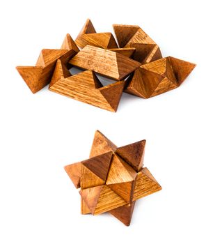 Rhombic dodecahedron wooden puzzle, isolated on white, from start to end