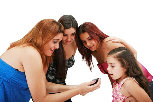 A picture of a group of friends using a cellphone over white background