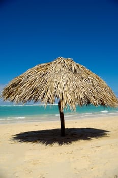 Parasol made out of palm leafs on exotic  beach. Dominican Republic, Punta Cana.