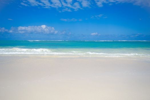 Exotic beach with white sand and the sky is blue with clouds. Dominican Republic, Punta Cana.
