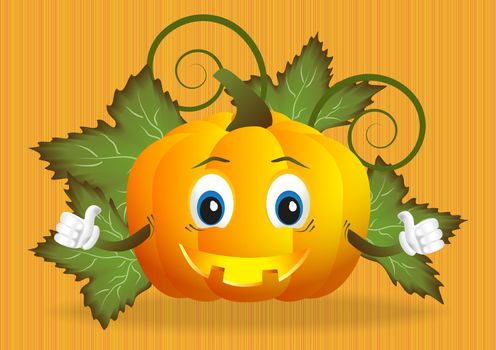 funny cartoon pumpkin with leaves on a striped orange background