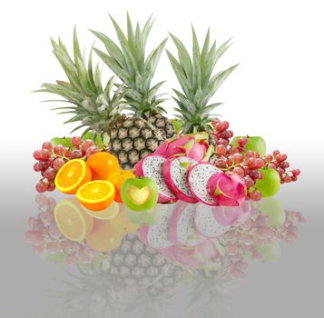 mix of fresh  fruits  with reflection 