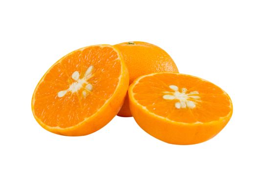 Ripe orange and half on white background